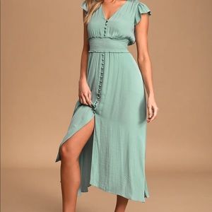 Lulus Amayah sage green satin button up midi dress